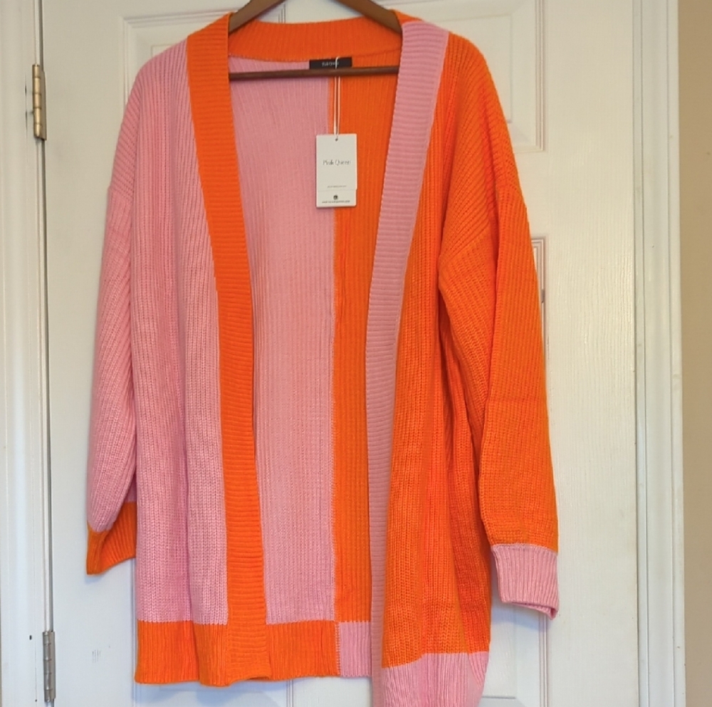 Women's Pink & Orange Colorblock Open Cardigan Sweater